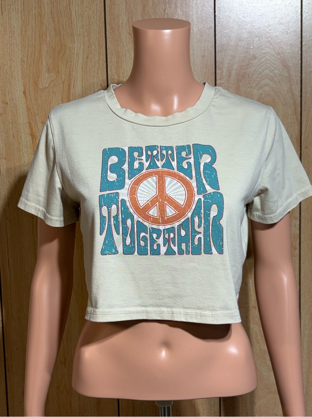 ROMWE Cream Crop Tee with Teal Retro Graphic and Orange Peace Sign SZ - S
